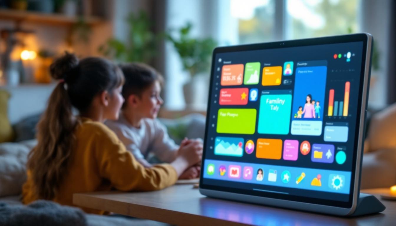 A photograph of a modern family planner screen featuring a vibrant led display