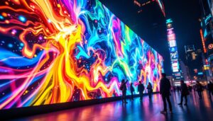 A photograph of a vibrant led display showcasing dynamic visuals and colors