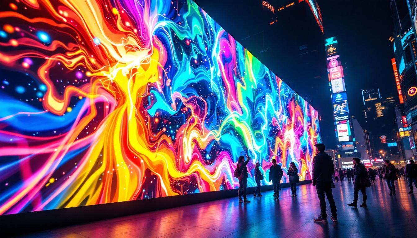 A photograph of a vibrant led display showcasing dynamic visuals and colors