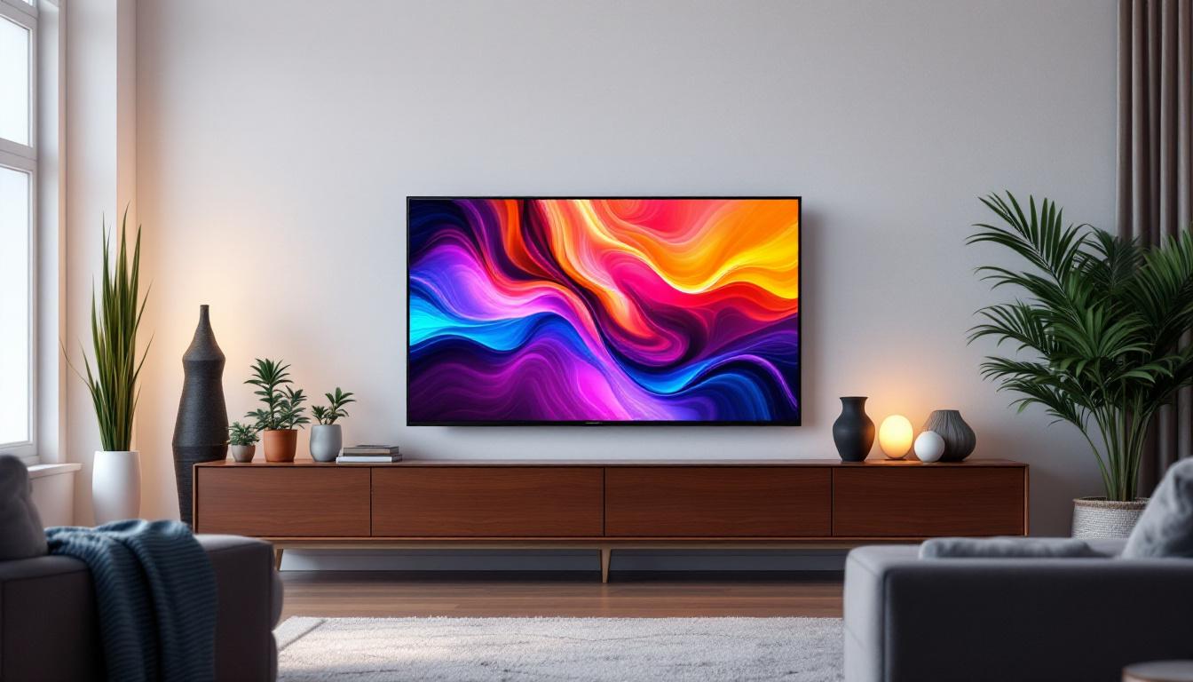 A photograph of a sleek flat screen led tv displaying vibrant colors and sharp images in a modern living room setting