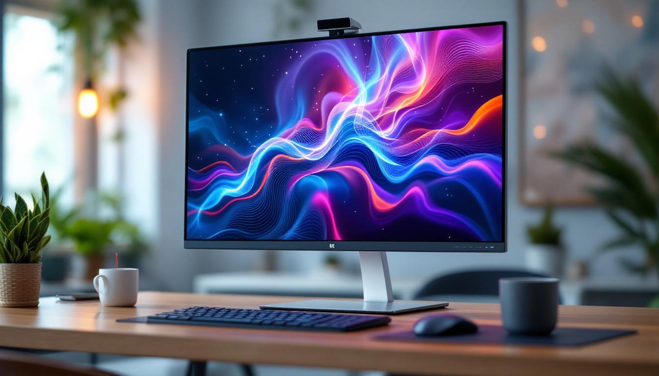 A photograph of a sleek all-in-one pc with a vibrant led display showcasing dynamic visuals