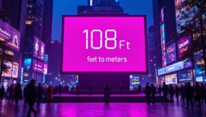 A photograph of a vibrant led display showcasing the conversion of 108 feet to meters