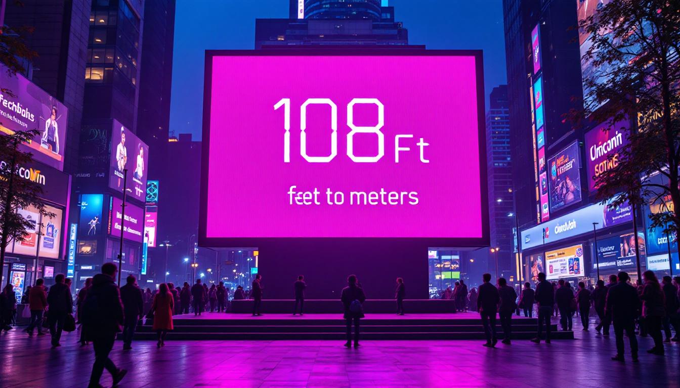 A photograph of a vibrant led display showcasing the conversion of 108 feet to meters