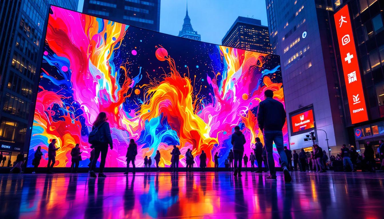 A photograph of a vibrant led display in an urban setting