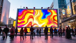 A photograph of a vibrant led display in a bustling outdoor environment