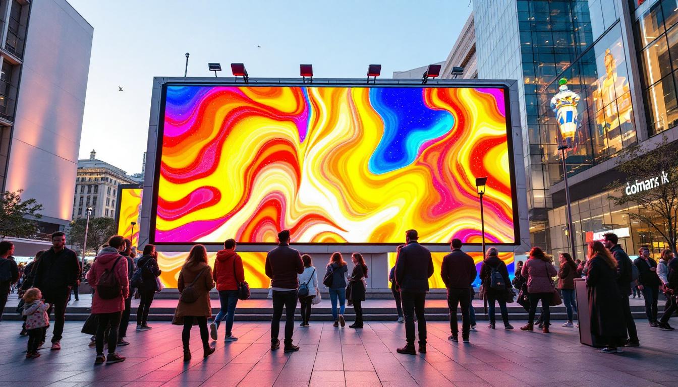 A photograph of a vibrant led display in a bustling outdoor environment