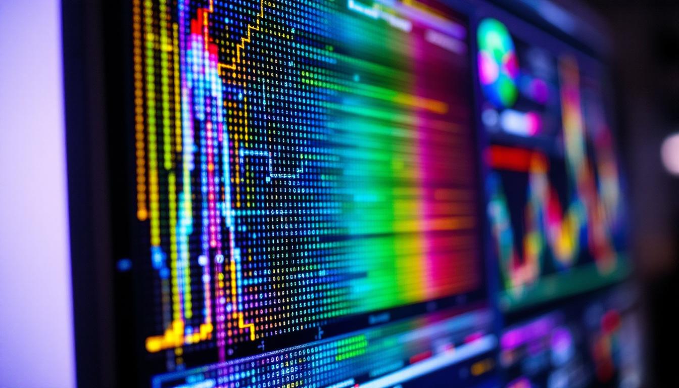 A photograph of a color tester monitor displaying a vibrant range of colors