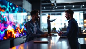 A photograph of a professional sales representative engaging with a customer in a modern retail environment