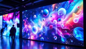 A photograph of a vibrant and visually striking led display wall in a modern setting
