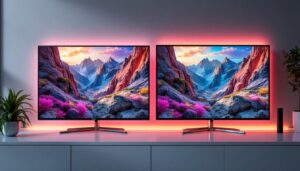 A photograph of a side-by-side comparison of a plasma screen and an led display