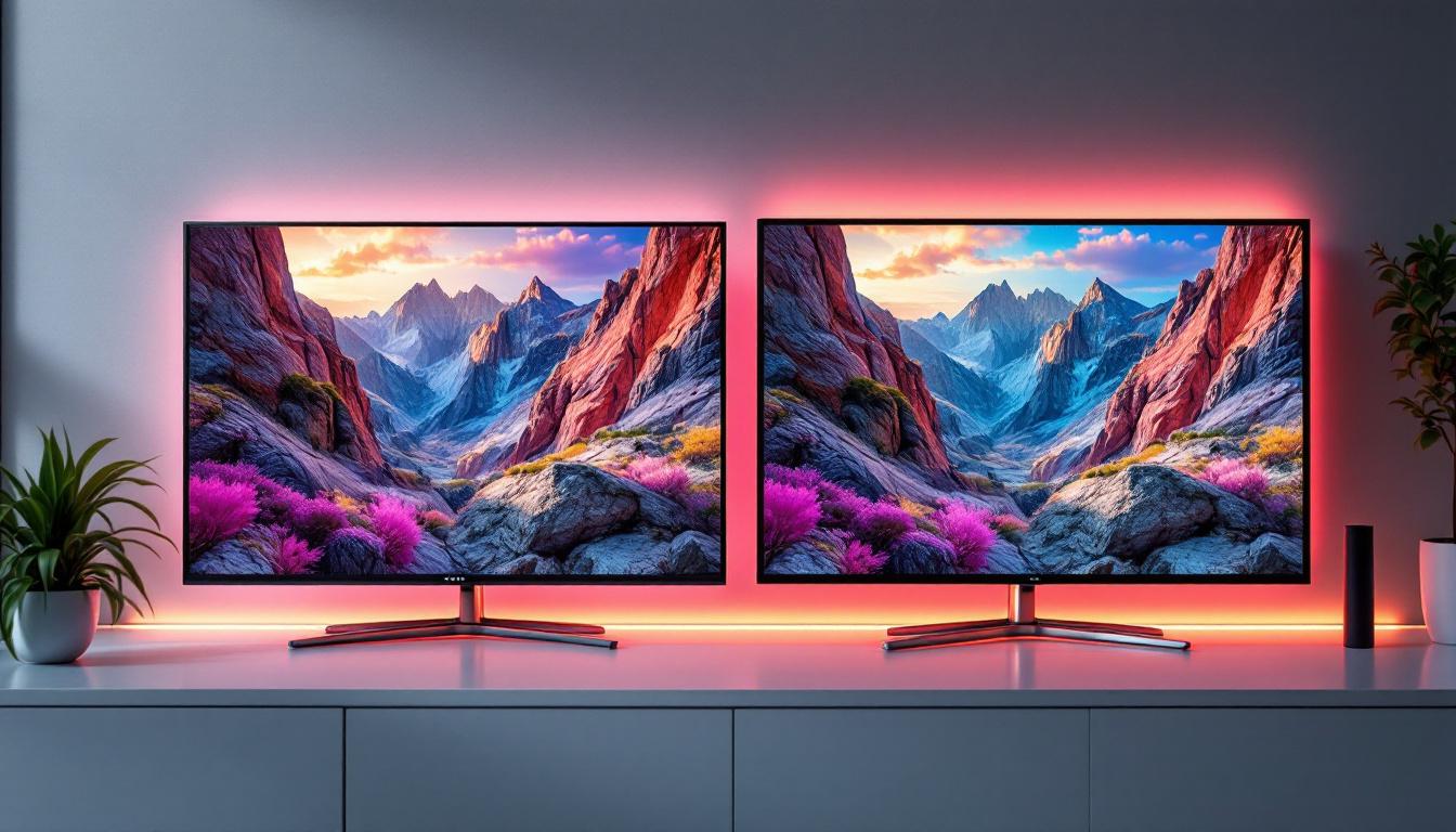 A photograph of a side-by-side comparison of a plasma screen and an led display