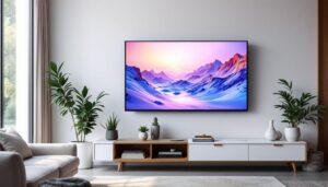 A photograph of capture a photograph of a stylish living room featuring a 55-inch led tv mounted on the wall