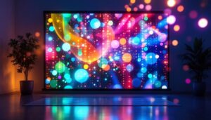 A photograph of a vibrant photo wall backdrop featuring a colorful led display