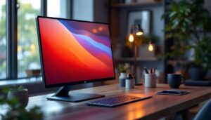 A photograph of a sleek portable extended monitor set up in a stylish workspace