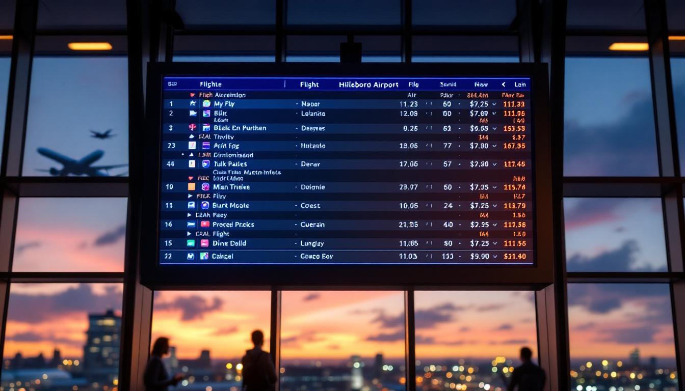 A photograph of capture a photograph of the hillsboro airport's led display board showcasing flight information