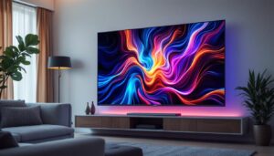 A photograph of a sleek led tv displaying vibrant colors and sharp images in a modern living room setting
