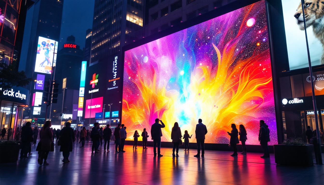 A photograph of a vibrant led display in a bustling urban setting