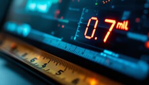 A photograph of a close-up of an led display showcasing a measurement conversion from 0.7 inches to millimeters