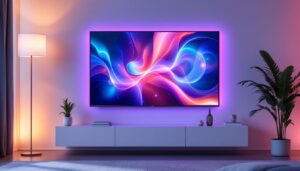 A photograph of a sleek 32-inch touch screen tv displaying vibrant led visuals in a modern living room setting