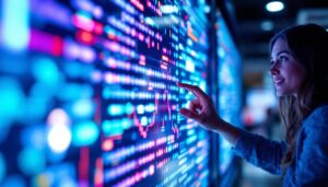 A photograph of a close-up shot of a vibrant led display in use