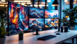 A photograph of a sleek multi-display mount set up in a modern workspace