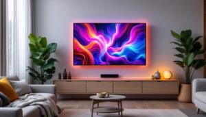 A photograph of a stylish living room featuring a modern led display mounted on the wall