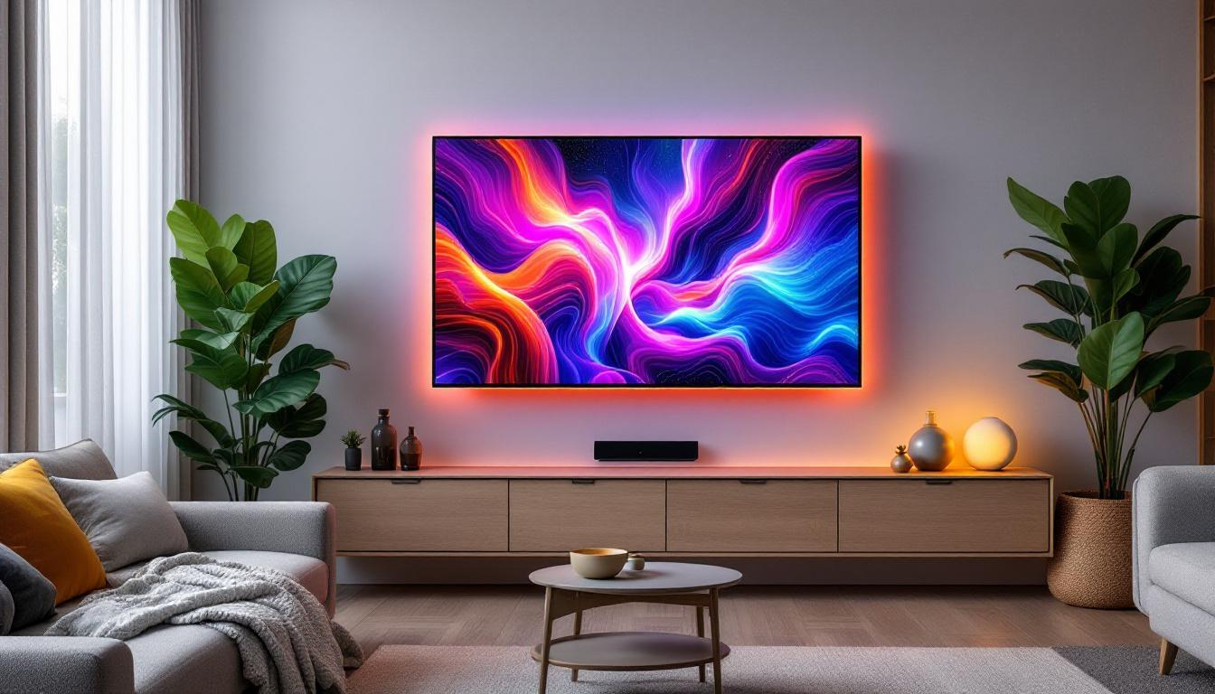 A photograph of a stylish living room featuring a modern led display mounted on the wall