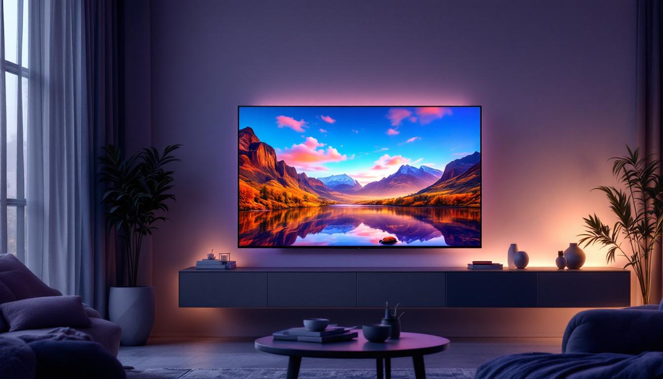 A photograph of a sleek microled tv displaying vibrant