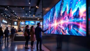 A photograph of a vibrant and engaging retail environment featuring a large led display showcasing dynamic content