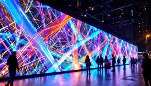 A photograph of a vibrant wall lattice led display in an urban setting