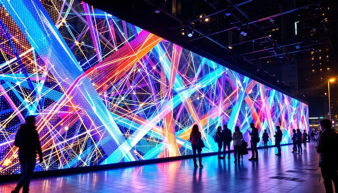 A photograph of a vibrant wall lattice led display in an urban setting