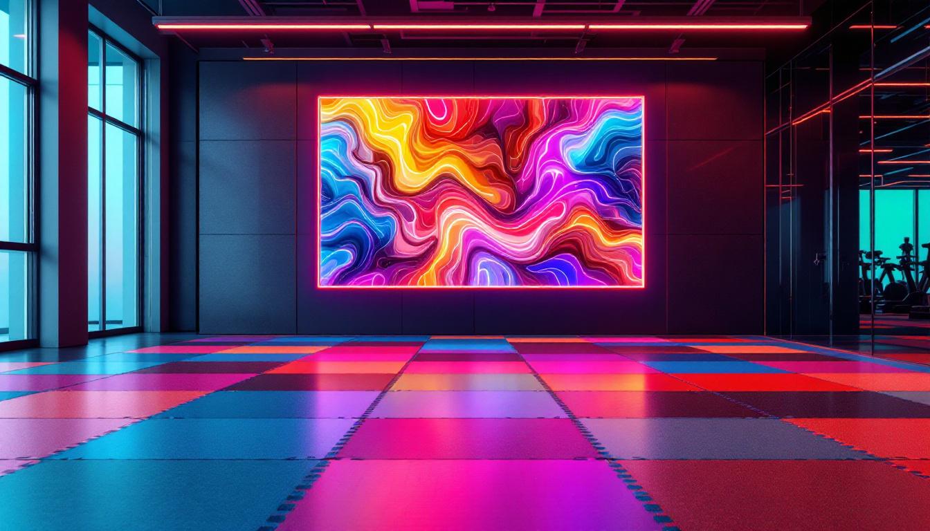 A photograph of capture a photograph of a modern gym interior featuring interlocking gym flooring with an led display prominently showcased
