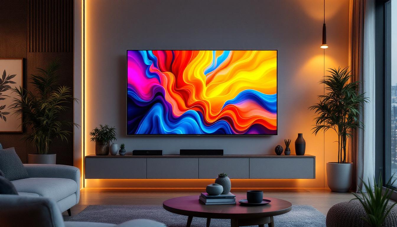 A photograph of a modern living room showcasing a sleek led tv displaying vibrant colors
