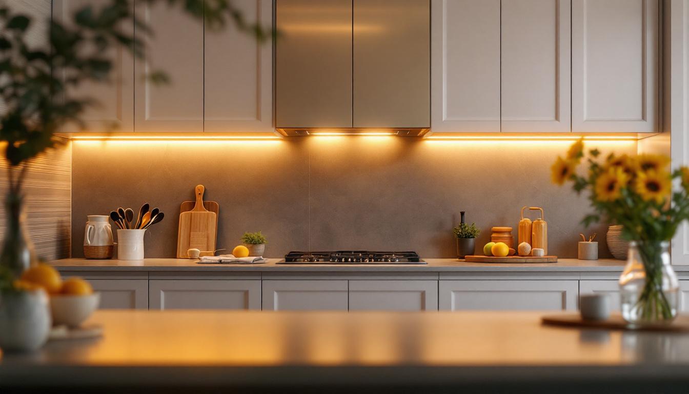 A photograph of a beautifully lit kitchen showcasing above cabinet led lighting