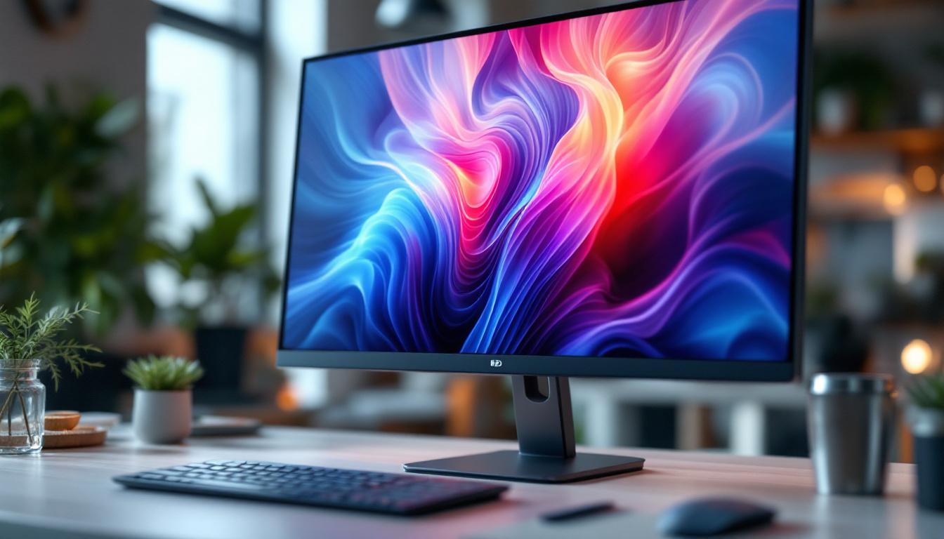 A photograph of a modern led computer monitor displaying vibrant