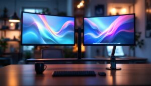 A photograph of a sleek multimonitor stand setup in a modern workspace