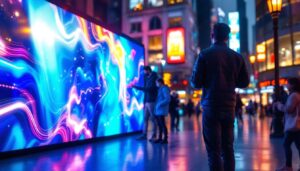 A photograph of a vibrant roll-up led display in an urban setting