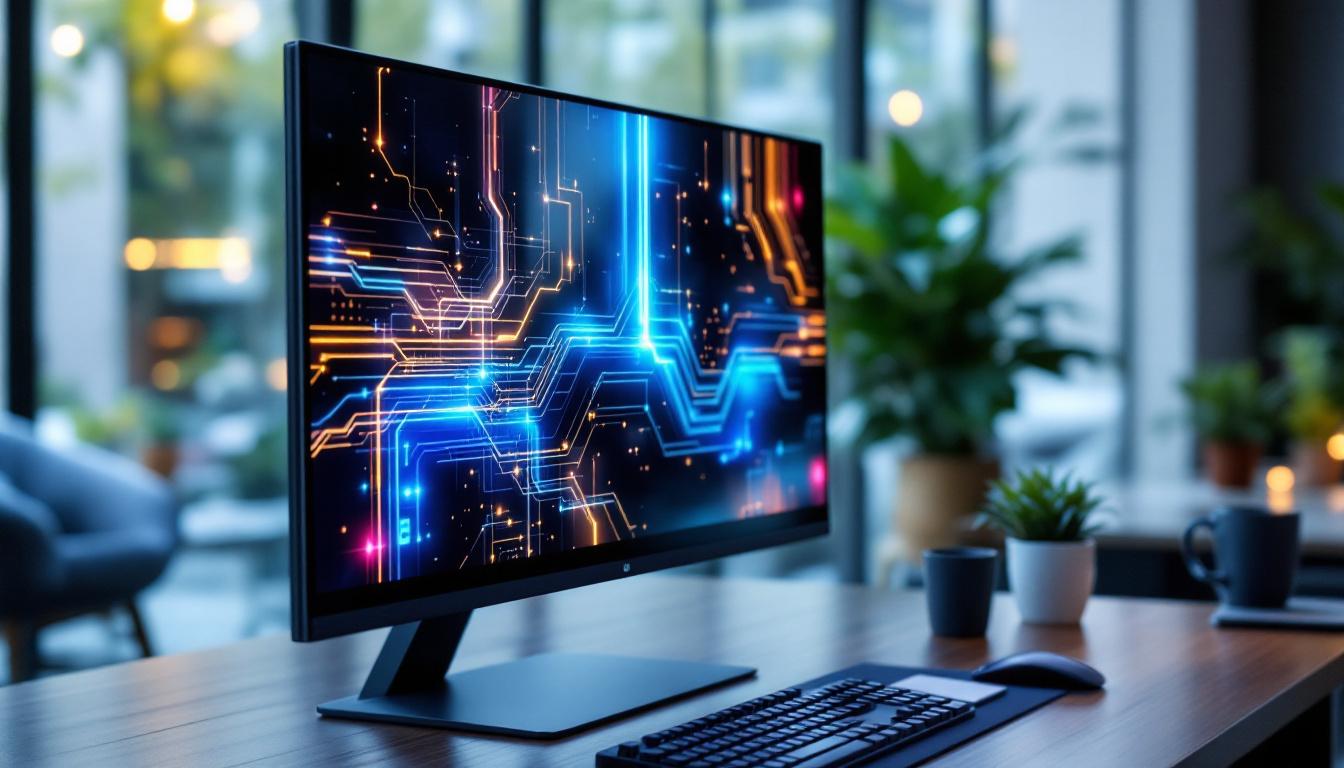 A photograph of a sleek 30-inch touch monitor displaying vibrant led graphics