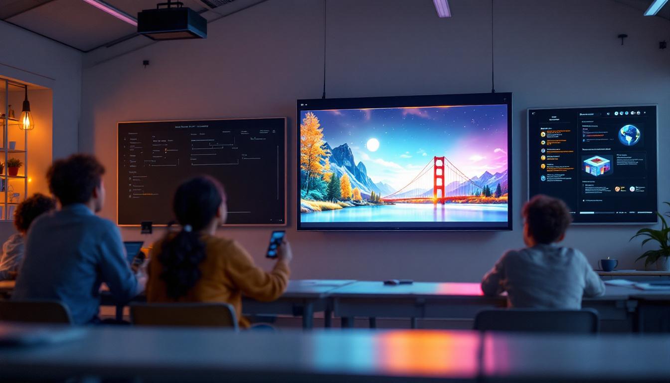 A photograph of a modern portable classroom setup featuring an engaging led display