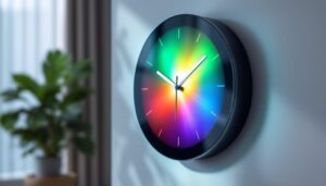 A photograph of a modern wall clock with an led display