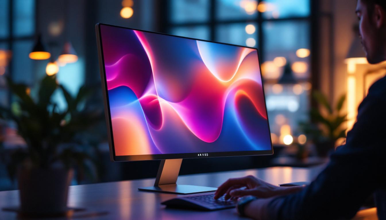 A photograph of a sleek touch screen aio desktop in a modern workspace setting