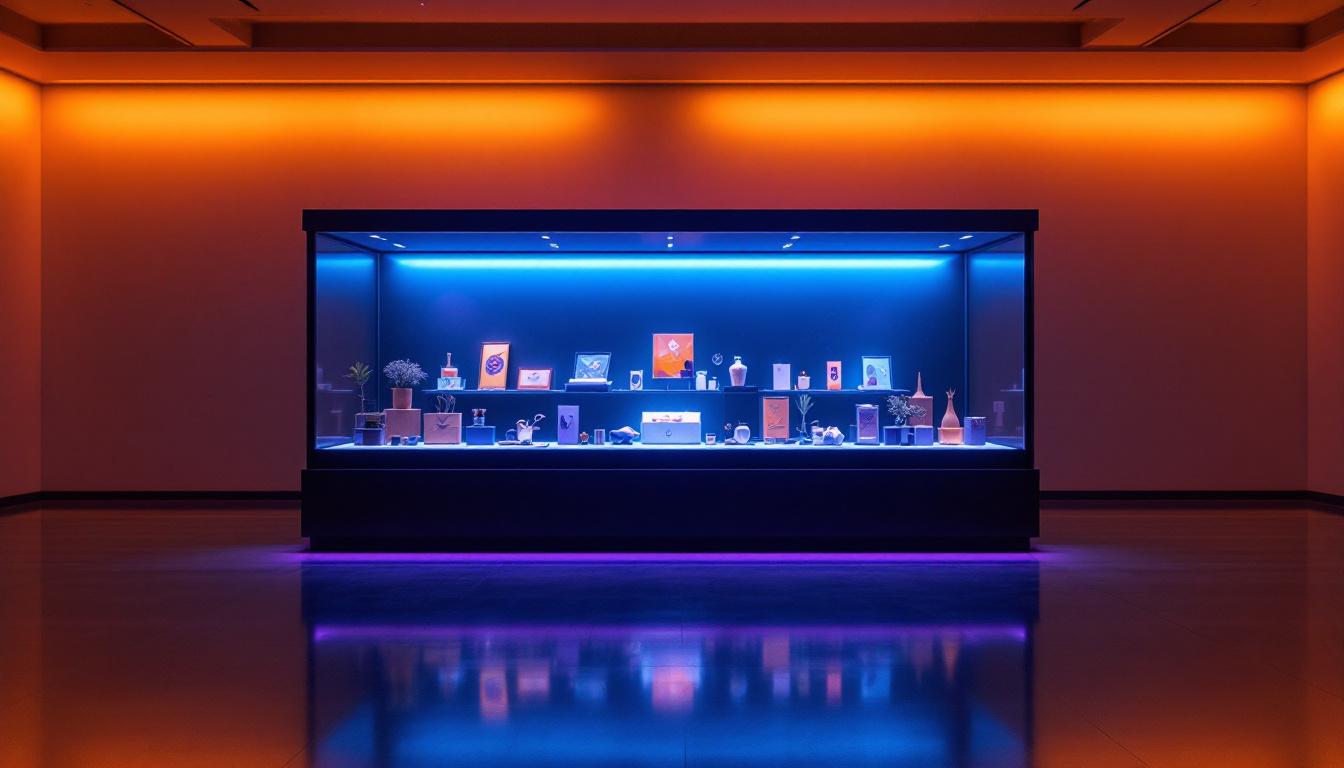 A photograph of a vibrant and well-lit large display case showcasing an array of products or artwork