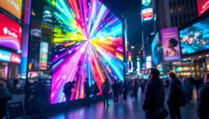 A photograph of a vibrant led display in a bustling urban environment