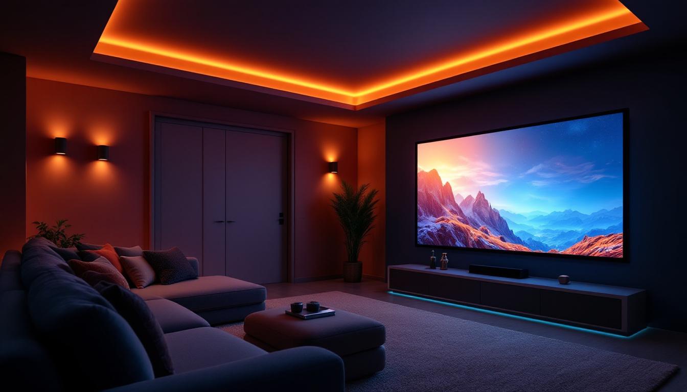 A photograph of a stylish home theater setup featuring a large led display