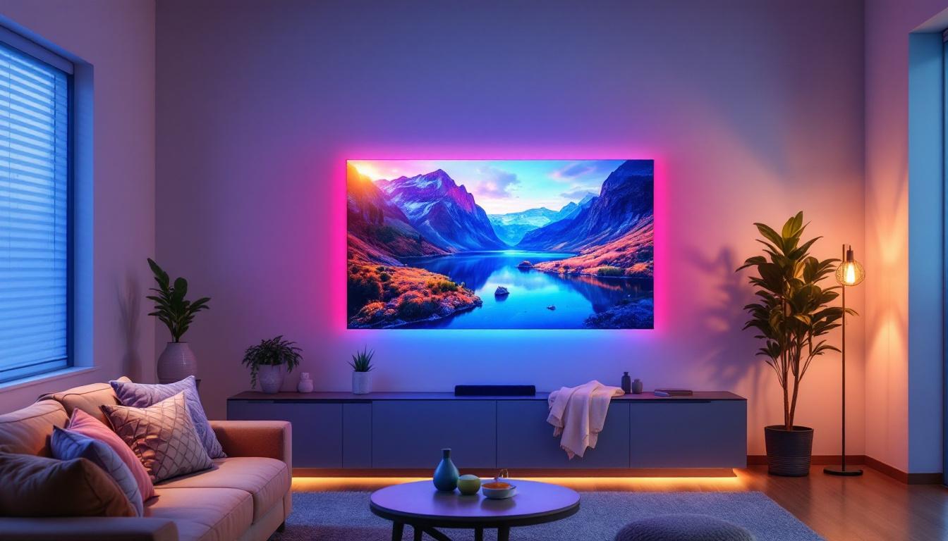 A photograph of a modern living room setting featuring a wall-mounted led projector in action