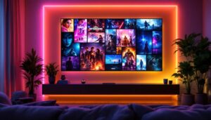 A photograph of a vibrant led wall display showcasing iconic movie scenes or characters