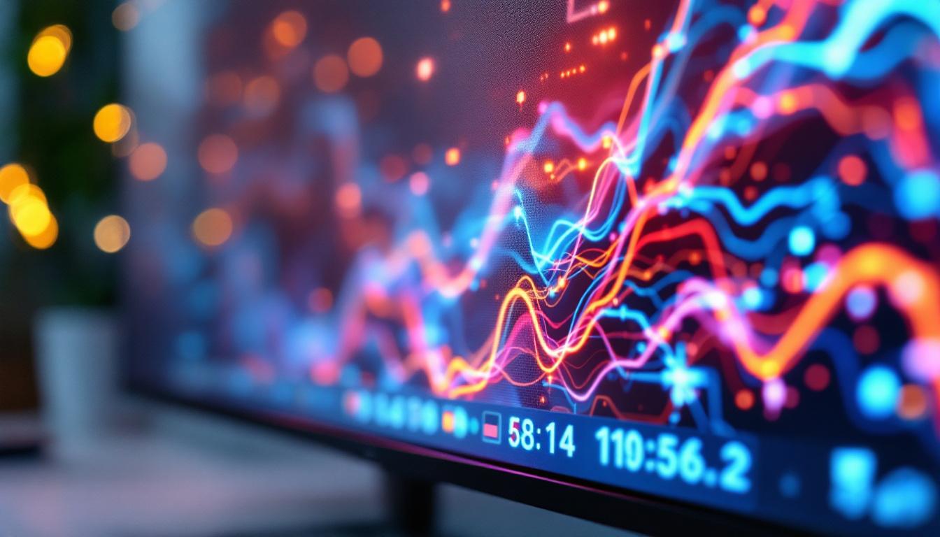 A photograph of a close-up view of a monitor displaying vibrant graphics