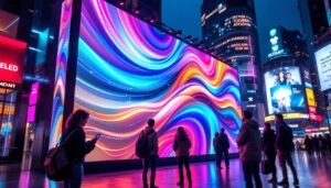 A photograph of a vibrant led display in an urban setting