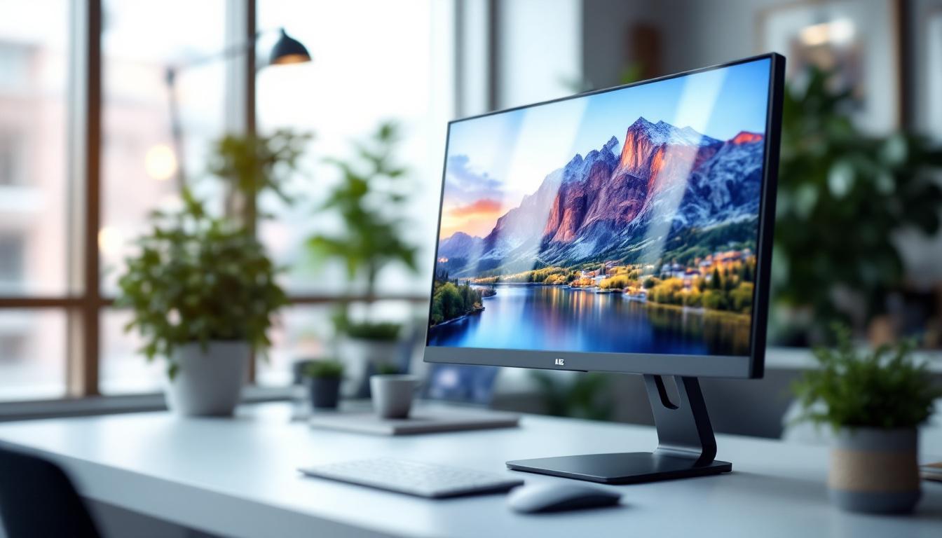 A photograph of a sleek led computer monitor displaying vibrant