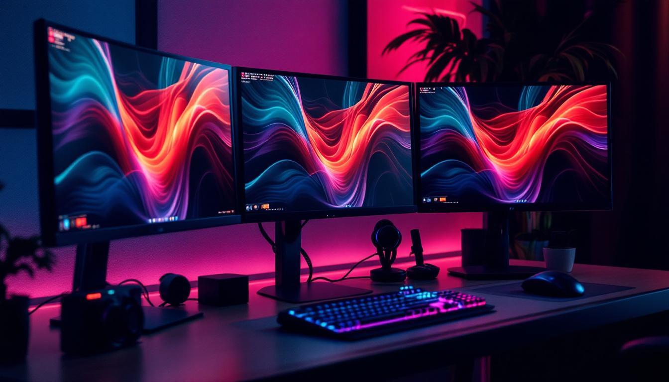 A photograph of a sleek triple monitor stand setup featuring vibrant led displays